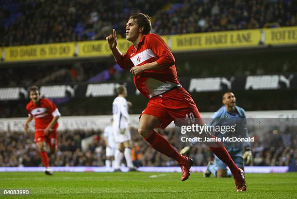 Artem Dzuba of Spartak celebrates after rounding Heurelho Gomes of Spurs to score his team's second goal during the UEFA Cup Group D match between...