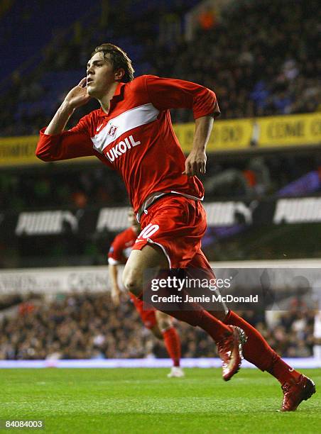 Artem Dzuba of Spartak celebrates after rounding Heurelho Gomes of Spurs to score his team's second goal during the UEFA Cup Group D match between...