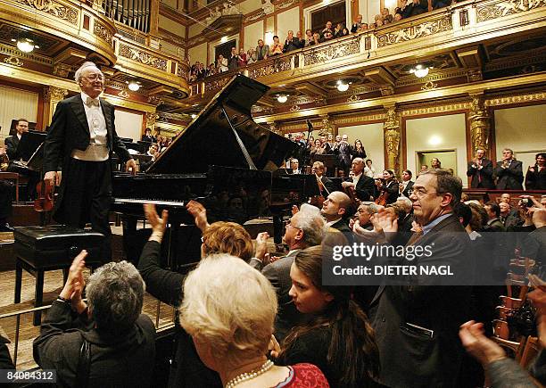 Austrian Pianist Alfred Brendel is pictured at his last ever public concert the famous Golden Auditorium of Vienna's "Musikverein" on December 18,...