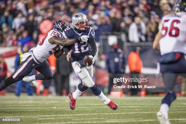 Playoffs: Houston Texans Whitney Mercilus in action, tackle for sack vs New England Patriots QB Tom Brady at Gillette Stadium. Sequence. Foxborough,...