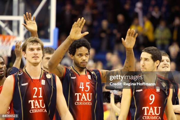 Players of Tau Vitoria celebrating the victory after the Euroleague Basketball Game 8 between Alba Berlin v Tau Ceramica on December 18, 2008 at the...