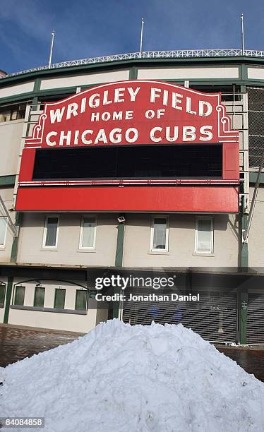 Snow drift is seen in front of the Wrigley Field marquee prior to a media briefing for the NHL Winter Classic at Wrigley Field on December 18, 2008...