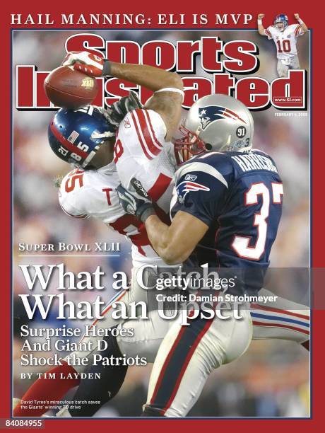 February 11, 2008 Sports Illustrated via Getty Images Cover: Football: Super Bowl XLII: New York Giants David Tyree in action, making catch using...