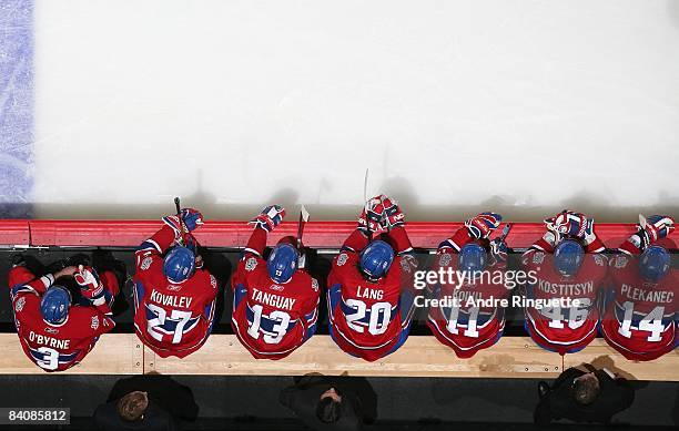 Ryan O'Byrne, Alexei Kovalev, Alex Tanguay, Robert Lang, Saku Koivu, Andrei Kostitsyn, and Tomas Plekanec of the Montreal Canadiens watch from the...