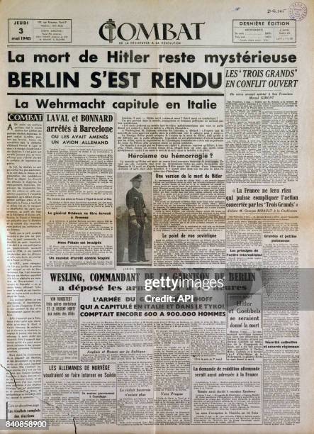 Une du journal Combat lors de la capitulation de l'Allemagne, le 3 mai 1945.