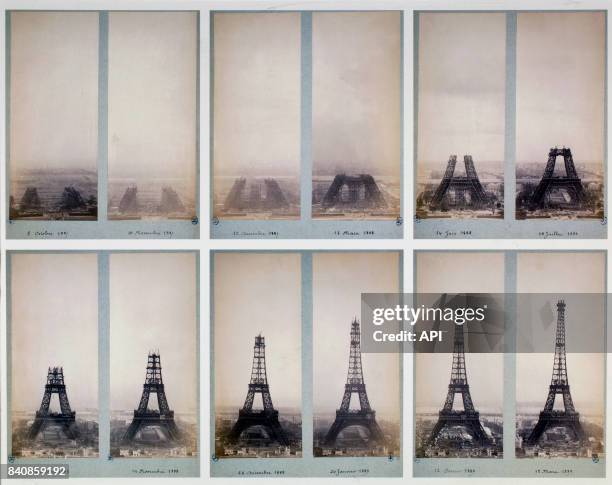 Les étapes de la construction de la tour Eiffel, photographiées par Théophile Féau entre le 8 octobre 1887 et le 12 mars 1889.