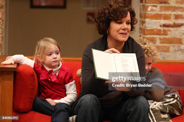 Actress Marcia Gay Harden and her children Julitta Dee Scheel and Hudson Harden Scheel read "A Book For You" at the Little Airplane Studios on...