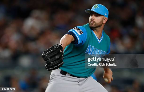 Marc Rzepczynski of the Seattle Mariners in action during a game against the New York Yankees at Yankee Stadium on August 25, 2017 in the Bronx...