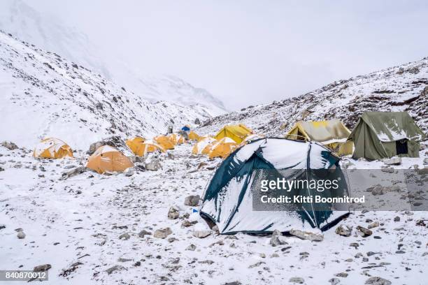 base camp of island peak after snowing in nepal - mt everest base camp stock pictures, royalty-free photos & images