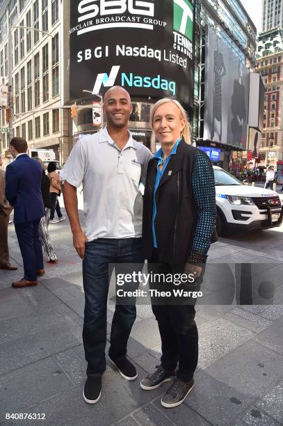 James Blake and Martina Navratilova at the Tennis Channel Rings The Nasdaq Stock Market Opening Bell at NASDAQ MarketSite on August 30, 2017 in New...