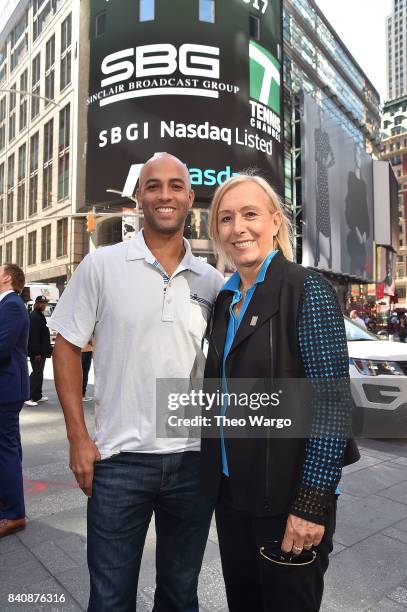 James Blake and Martina Navratilova at the Tennis Channel Rings The Nasdaq Stock Market Opening Bell at NASDAQ MarketSite on August 30, 2017 in New...