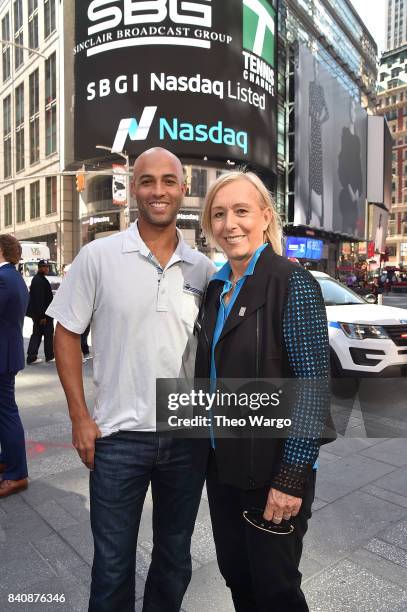 James Blake and Martina Navratilova at the Tennis Channel Rings The Nasdaq Stock Market Opening Bell at NASDAQ MarketSite on August 30, 2017 in New...