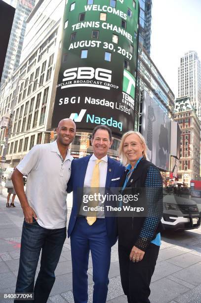 James Blake, Ken Solomon and Martina Navratilova at the Tennis Channel Rings The Nasdaq Stock Market Opening Bell at NASDAQ MarketSite on August 30,...