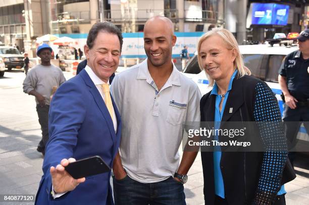 James Blake, Ken Solomon and Martina Navratilova at the Tennis Channel Rings The Nasdaq Stock Market Opening Bell at NASDAQ MarketSite on August 30,...