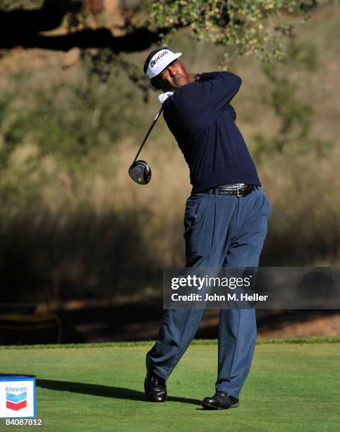 Vijay Singh in action during the first round of play at The 2008 Chevron World Challenge Presented by Bank of America on December 18, 2008 at...
