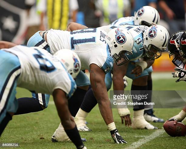 Defensive linemen Jason Jones and Tony Brown of the Tennessee Titans set on the line of scrimmage against the Houston Texans on December 14, 2008 at...