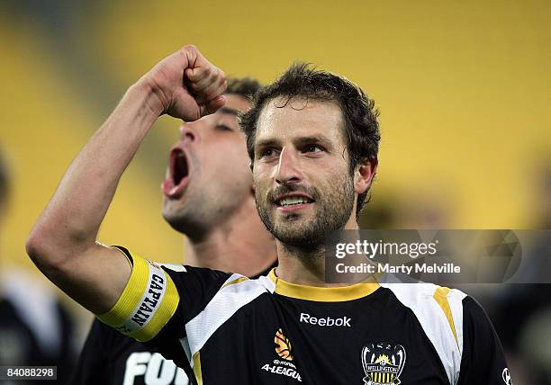 Andrew Durante captain of the Phoenix celebrates the win during the round 16 A-League match between the Wellington Phoenix and the Central Coast...