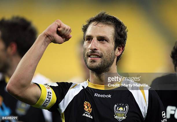 Andrew Durante captain of the Phoenix celebrates the win during the round 16 A-League match between the Wellington Phoenix and the Central Coast...