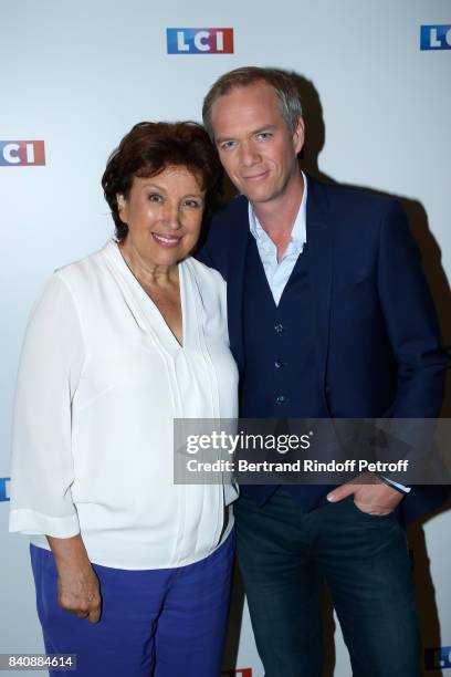 Roselyne Bachelot and Julien Arnaud attend the LCI Press Conference to Announce Their TV Schedule for 2017/2018 on August 30, 2017 in Paris, France.