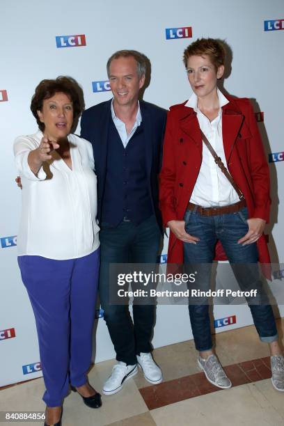 Roselyne Bachelot, Julien Arnaud and Natacha Polony attend the LCI Press Conference to Announce Their TV Schedule for 2017/2018 on August 30, 2017 in...