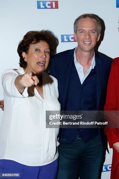 Roselyne Bachelot and Julien Arnaud attend the LCI Press Conference to Announce Their TV Schedule for 2017/2018 on August 30, 2017 in Paris, France.