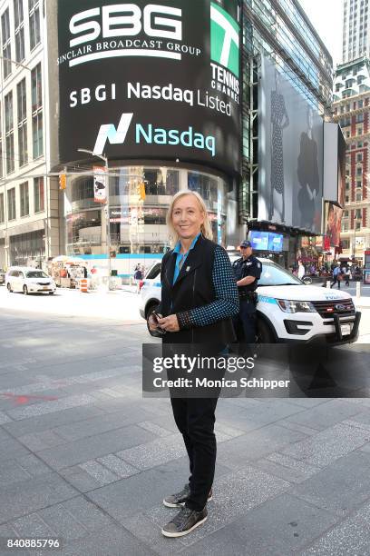 Former professional tennis player and on-air analyst Martina Navratilov rings the Nasdaq Stock Market Opening Bell at NASDAQ MarketSite on August 30,...