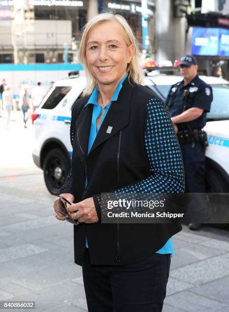 Former professional tennis player and on-air analyst Martina Navratilov rings the Nasdaq Stock Market Opening Bell at NASDAQ MarketSite on August 30,...