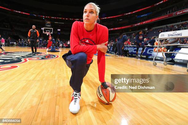 Elena Delle Donne of the Washington Mystics takes a knee on the court before the WNBA game against the Connecticut Sun on August 29, 2017 at the...