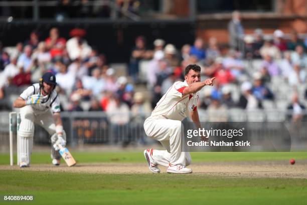 Ryan McLaren of Lancashire appeals after getting Ian Bell of Warwickshire out during the County Championship Division One match between Lancashire...
