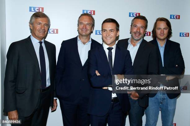 Nicolas Beytout, Guillaume Roquette, Adrien Gindre, Matthieu Croissandeau and Geoffroy Lejeune attend the LCI Press Conference to Announce Their TV...