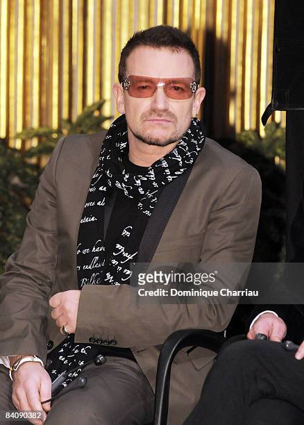 Peace Summit Award Laureate and U2 lead singer Bono attends the 9th Nobel Peace Prize World Summit at Hotel de Ville on December 12, 2008 in Paris,...