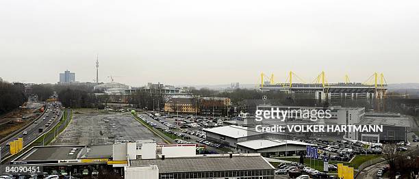 Picture taken on December 18, 2008 shows parts of the western German city of Dortmund's city centre with the Signal Iduna Park stadium . AFP PHOTO...