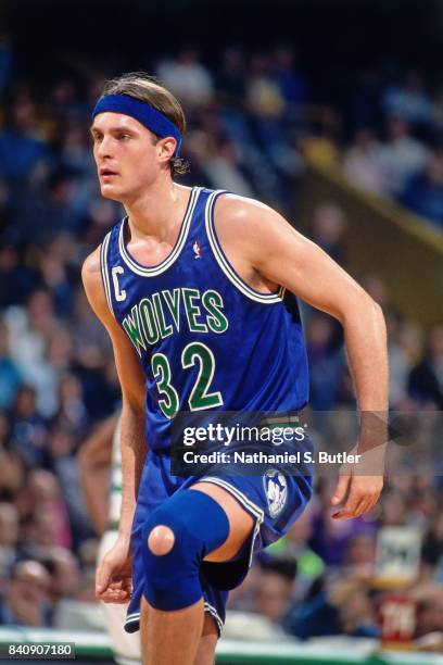 Christian Laettner of the Minnesota Timberwolves looks on circa 1994 at Boston Garden in Boston, Massachusetts. NOTE TO USER: User expressly...