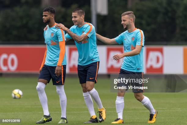 Jeremiah St. Juste of Netherlands U21, Kevin Diks of Netherlands U21, Bart Ramselaar of Netherlands U21 during the training session of Netherlads U21...