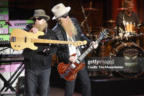 Dusty Hill, Billy Gibbons, and Fran Beard of ZZ Top perform during the band's "Tonnage" tour at The Mountain Winery on August 29, 2017 in Saratoga,...