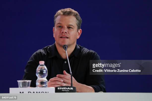 Matt Damon attends the official Press Conference and photo call for 'Downsizing' during the 74th Venice Film Festival at Sala Casino on August 30,...