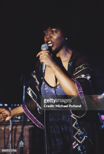 American jazz singer Dee Dee Bridgewater performing on stage, USA, April 1978.