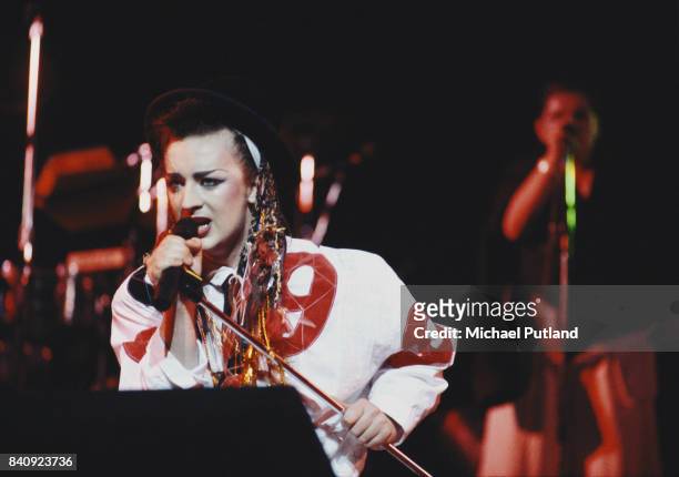 Singer Boy George performing with British new romantic group Culture Club, Washington DC, August 1983.