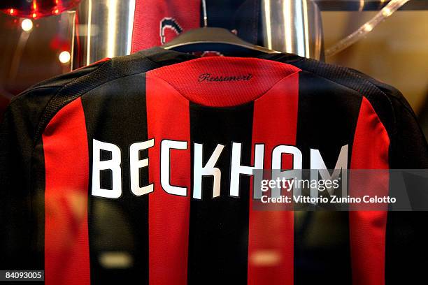 The new David Beckham AC Milan football shirt on display at the official AC Milan Store on December 19, 2008 in Milan, Italy. David Beckham will join...