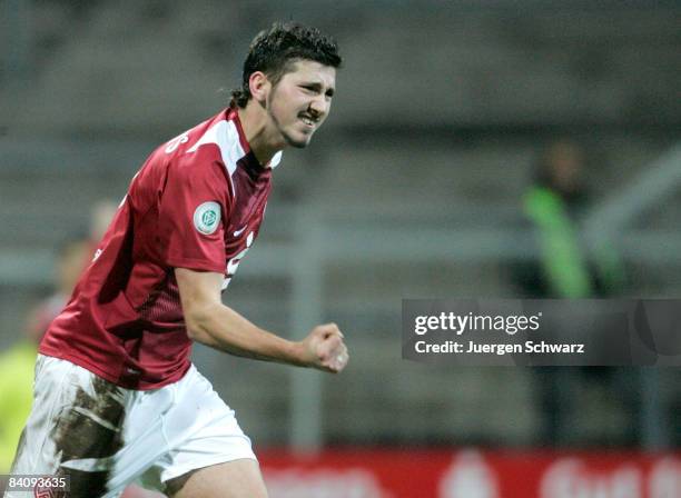 Sascha Moelders of Essen celebrates after scoring during the Regional Liga match between Rot-Weiss Essen and Sportfreunde Lotte at the Georg...