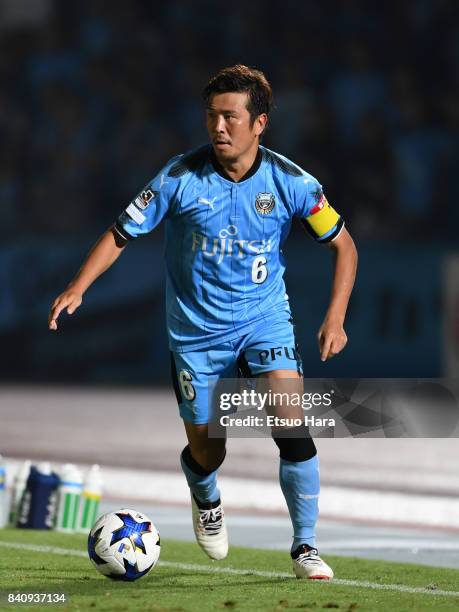 YusukeTasaka of Kawasaki Frontale in action during the J.League Levain Cup quarter final first leg match between Kawasaki Frontale and FC Tokyo at...