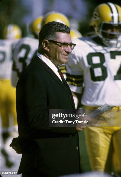 Green Bay Packers Hall of Fame head coach Vince Lombardi stalks the sidelines during Super Bowl II, a 33-14 victory over the Oakland Raiders on...