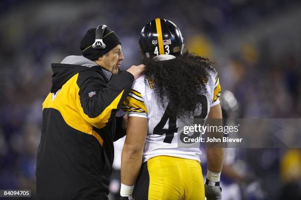 Pittsburgh Steelers defensive coordinator Dick LeBeau with Troy Polamalu on sidelines during game vs Baltimore Ravens. Baltimore, MD CREDIT: John...