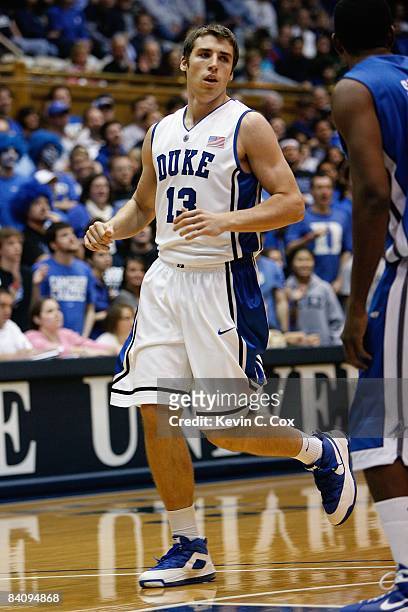 Olek Czyz of the Duke Blue Devils runs upcourt during the game against the North Carolina Asheville Bulldogs on December 17, 2008 at Cameron Indoor...
