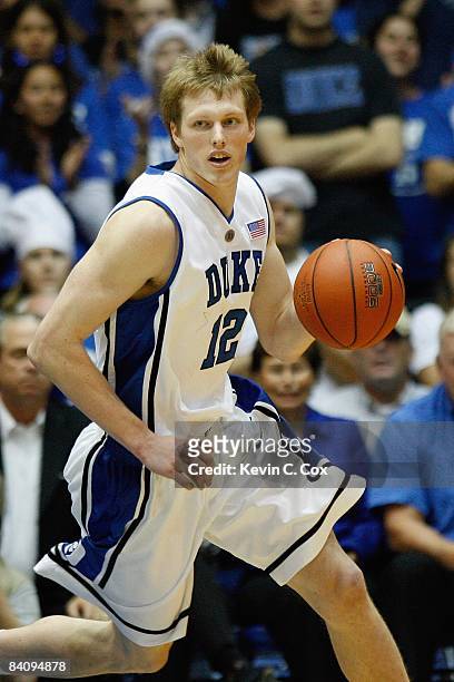 Kyle Singler of the Duke Blue Devils dribbles during the game against the North Carolina Asheville Bulldogs on December 17, 2008 at Cameron Indoor...