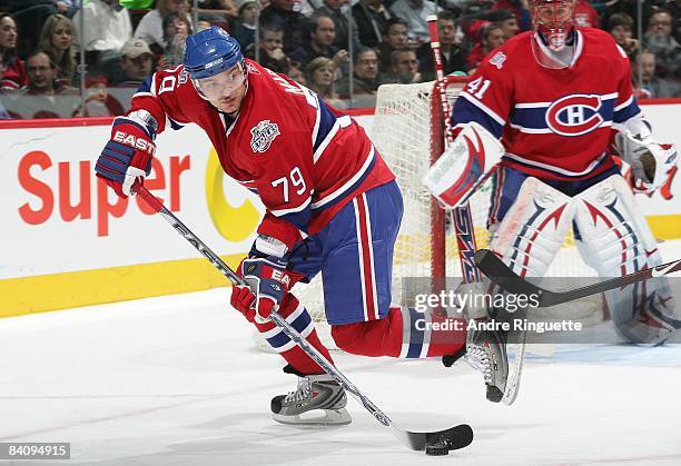 Andrei Markov of the Montreal Canadiens stickhandles the puck against the Calgary Flames at the Bell Centre on December 9, 2008 in Montreal, Quebec,...