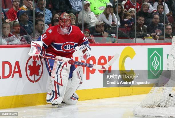 Jaroslav Halak of the Montreal Canadiens skates behind his net against the Calgary Flames at the Bell Centre on December 9, 2008 in Montreal, Quebec,...