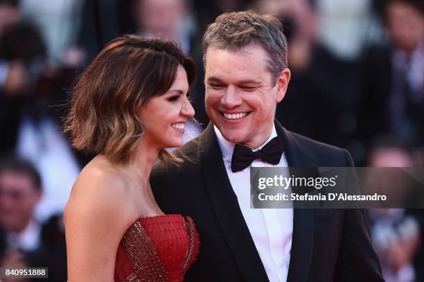 Luciana Damon and Matt Damon walk the red carpet ahead of the 'Downsizing' screening and Opening Ceremony during the 74th Venice Film Festival at...