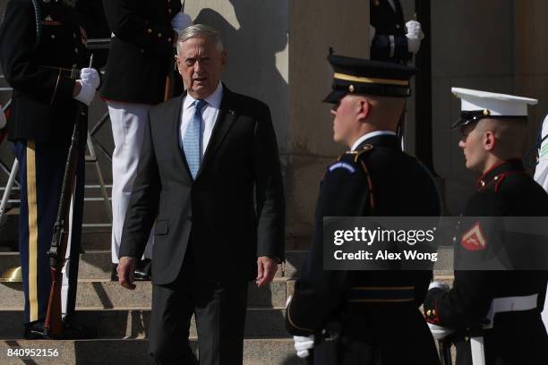 Secretary of Defense Jim Mattis waits to welcome South Korean Defense Minister Song Young-Moo for an enhanced honor cordon at the Pentagon August 30,...