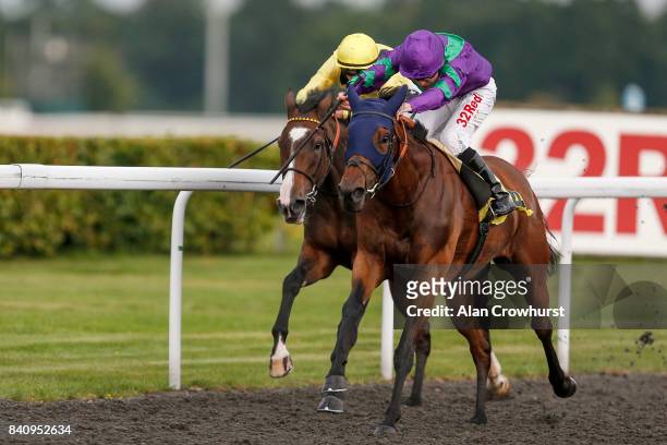 Jamie Spencer riding Euqranian win The 32Red Casino Maiden Filliesâ Stakes at Kempton Park racecourse on August 30, 2017 in Sunbury, England.